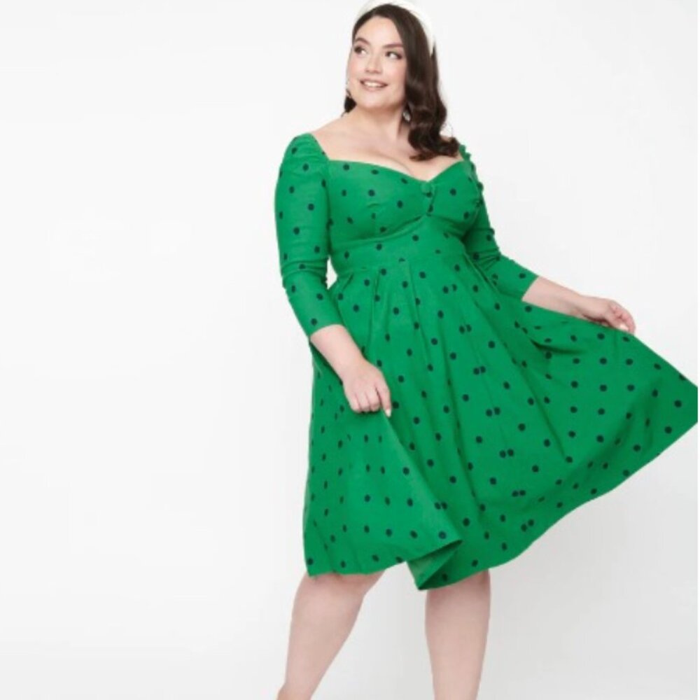 Unique Vintage Green Polka Dot Midi Dress